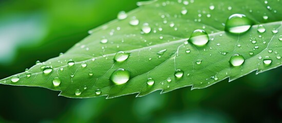 Aufkleber - fresh green leaf edge view with little drops. Creative banner. Copyspace image