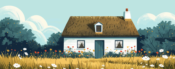 Quaint countryside cottage with a thatched roof and chimney Vector flat minimalistic isolated illustration