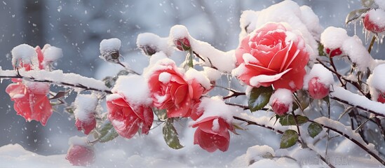 Wall Mural - Roses under snow in autumn Winter is early. Creative banner. Copyspace image