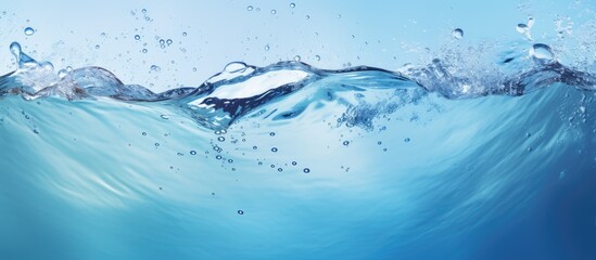 Poster - Transparent blue clear water surface texture with ripples splashes and bubbles Abstract summer banner background Water waves in sunlight with copy space Cosmetic moisturizer micellar toner emulsion