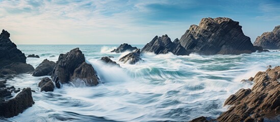 Leinwandbilder - Waves and rocks. Creative banner. Copyspace image