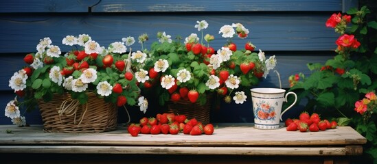 Poster - strawberries on the porch of house next to flowers. Creative banner. Copyspace image
