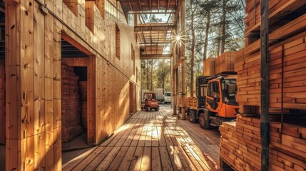 Wall Mural - A modern timber yard with stacked structural timber, trucks and a forklift. evening, sun shining through the timber. photo realistic ar