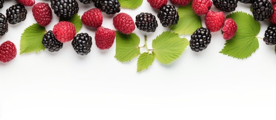 Aufkleber - blackberry and raspberry with leaves isolated on white background Top view Flat lay pattern. Creative banner. Copyspace image