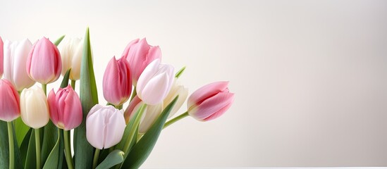 Poster - bouquet of white and pink tulips on a light background. Creative banner. Copyspace image