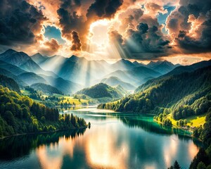 Wall Mural - Tranquil Lake Amid Lush Hills and Dramatic Sky