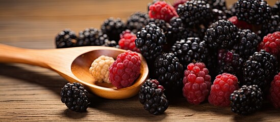 Poster - Close up group of mulberries is placed on a wooden spoon on a wooden table Mulberry this a fruit and can be eaten it have a red and purple color Mulberry is delicious and sweet nature Copy Space