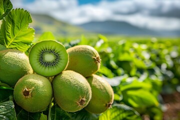 Sticker - Kiwi fruit in a lush green field with mountain background