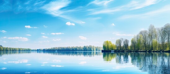 Wall Mural - Nature in spring the lake and river trees and sky reflected in the water. Creative banner. Copyspace image