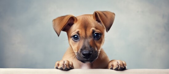 Poster - Mix breed dog looking to the camera Labrador puppy photo studio session. Creative banner. Copyspace image