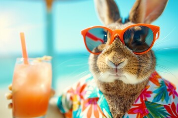 A close-up portrait photo of a cute fashionable rabbit wearing sunglasses and a Hawaiian shirt, with a beach in the background and a cocktail drink in its hand. Vacation concept. 
