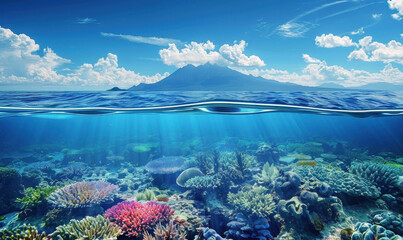 Wall Mural - Super realistic professional photo of the calm clean blue surface of the sea, with a beautiful and colorful coral reef.