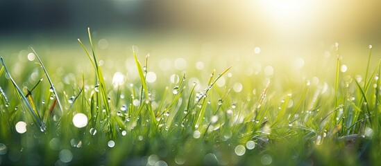 Wall Mural - green grass with water drops bright sunlight green nature background summer meadow sunrise. creative