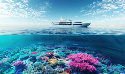 Wall Mural - Super realistic professional photo of the calm clean blue surface of the sea, with a beautiful and colorful coral reef.