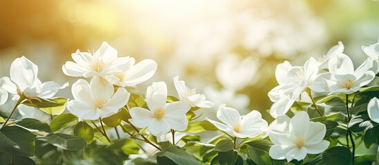 Poster - Beautiful white flowers surrounded by green leaves in a sunny day. Creative banner. Copyspace image