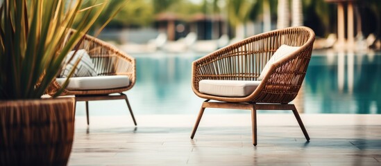 Poster - The seat lounger brown rattan chairs beside swimming pool with background is blurred of modern condominium or hotel or resort in summer day relax day. Creative banner. Copyspace image