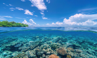 Wall Mural - Super realistic professional photo of the calm clean blue surface of the sea, with a beautiful and colorful coral reef.