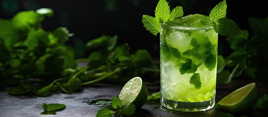 Aufkleber - natural nonalcoholic cocktail with herbs and cut lime on stone desk background. Creative banner. Copyspace image