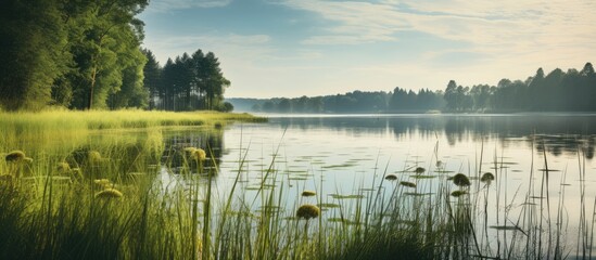 Poster - Summer landscape early morning on a forest lake from the shore through a green young reed. Creative banner. Copyspace image