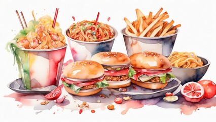 Wall Mural - Watercolor Illustration of Fast Food Variety