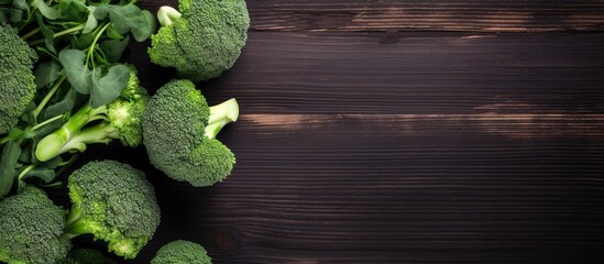 Wall Mural - Fresh broccoli on dark wooden table background top view. Creative banner. Copyspace image