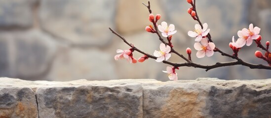 Fototapete - Apricot tree branch with buds Apricot buds on a branch closeup on a stone wall background. Creative banner. Copyspace image