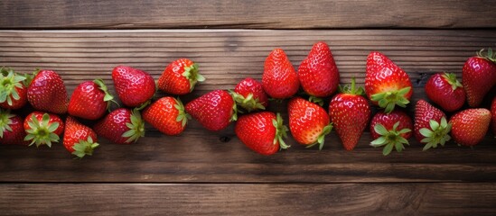 Poster - group of fresh red strawberries on rustic background. Creative banner. Copyspace image