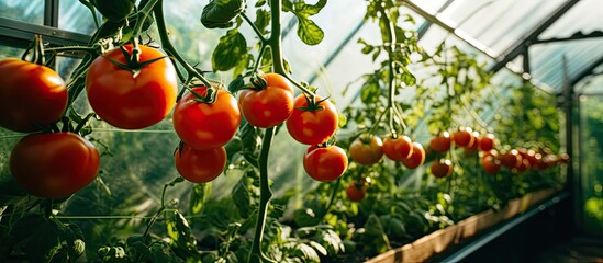 Wall Mural - tomatoes in a green house. Creative banner. Copyspace image