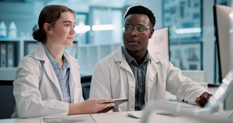 Poster - Science, man and woman in laboratory with tablet for test results, online study and medical teamwork. Digital app, scientist and lab technician at computer in collaboration on pharmaceutical research