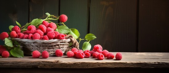 Poster - Fresh juicy raspberries in a wooden table Summer still life with raspberries A place to copy