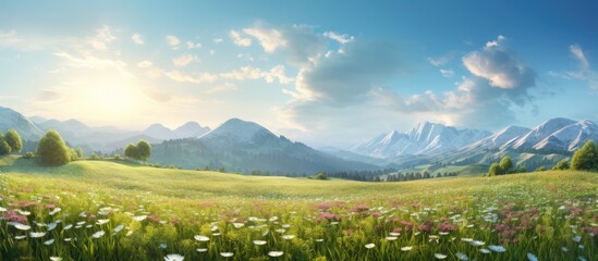 Wall Mural - Meadow in morning has the sky the mountain is beautiful background. Creative banner. Copyspace image
