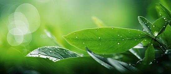Aufkleber - Fresh Green Leaf with Water Drops Blurry Background. Creative banner. Copyspace image