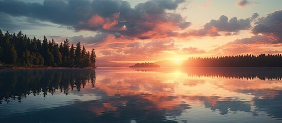 Aufkleber - Reflective Sunset on Lake. Creative banner. Copyspace image