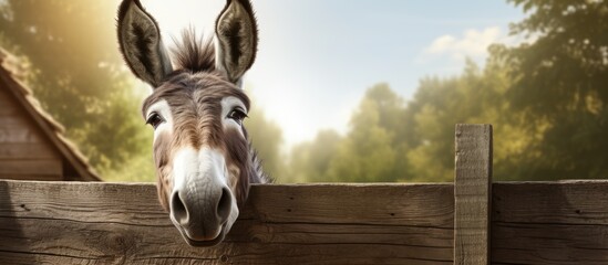 Funny donkey heads on a wooden fence forest in the background Selective focus. Creative banner. Copyspace image