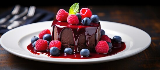Poster - Chocolate pannacotta with raspberries and blueberries. Creative banner. Copyspace image