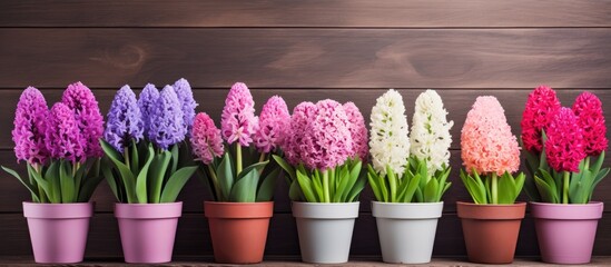 Wall Mural - Hyacinth flower in paper pots and gardening tools on wooden background Spring gardening background planting hyacinth Easter background spring concept. Creative banner. Copyspace image
