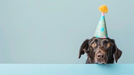 Poster - Cute dog with birthday cap peeping with plain background.