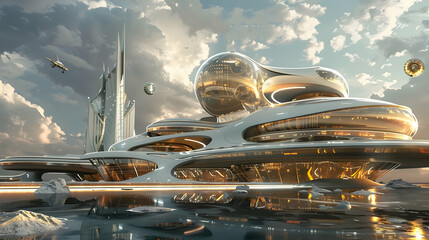 A futuristic convention center with a reflective gold exterior, large round windows, and a spiral roof