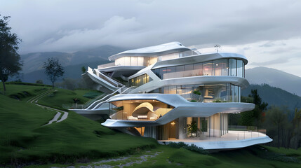 A futuristic hilltop abode with a transparent facade, arranged across various levels and boasting a high-tech staircase and a hillside balcony with sweeping mountain views