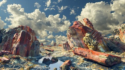 high quality, wide angle landscape of a Petrified Forest large deposits of petrified wood.