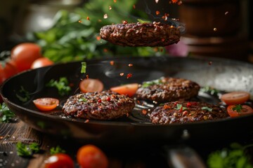 Wall Mural - Juicy homemade beef patties in skillet with fresh tomatoes