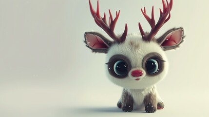 3D rendering of a cute and fluffy baby reindeer with big eyes and a red nose. The reindeer is sitting on a white background and looking at the camera.