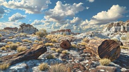 high quality, wide angle landscape of a Petrified Forest large deposits of petrified wood.