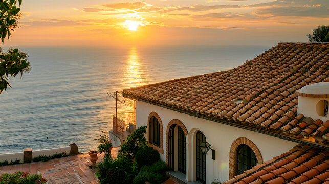 A Mediterranean villa with terracotta roof tiles, arched windows, and a spacious courtyard. The sunset reflects off the calm sea in the background.