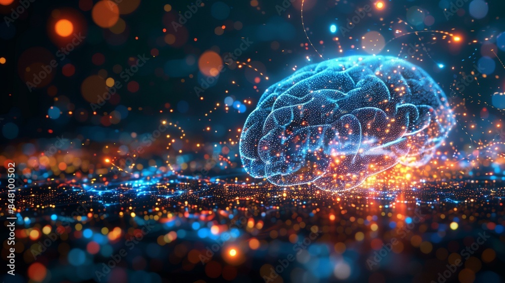 Glowing blue digital brain on dark background with orange yellow ...