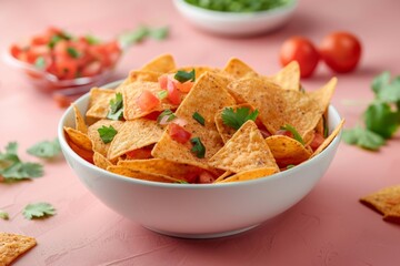 Canvas Print - Bowl of Nachos with Fresh Salsa and Cilantro on Pink Background