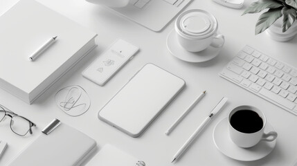 A clean and minimalist white office desk setup featuring various tech gadgets and accessories, emphasizing simplicity and organization.