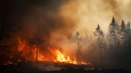 heavily burning trees in the forest. forest fires, a danger to nature