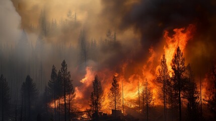 Heavily burning trees in the forest. Forest fires, a danger to nature