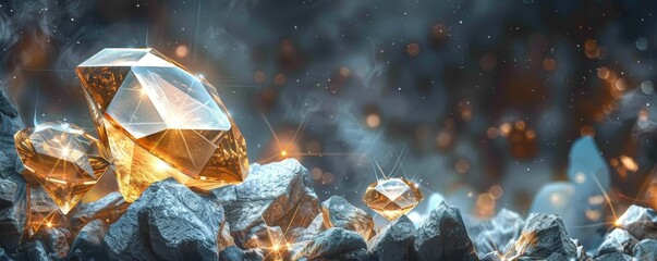 Poster - Abstract dark background with geometric crystals, in the center there is an irregularly shaped golden diamond. On top of it there are three smaller diamonds of different sizes and colors.